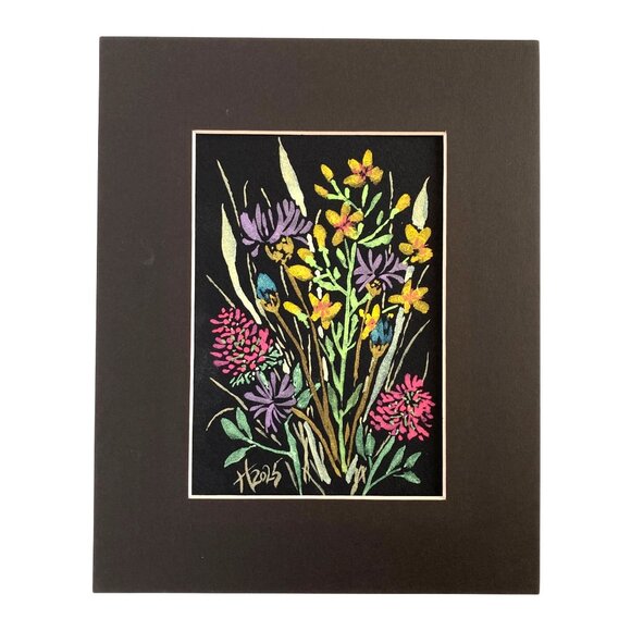 Flower Riot Original Iridescent Watercolor Painting 8x10in Matted Frame Ready - Picture 2 of 5